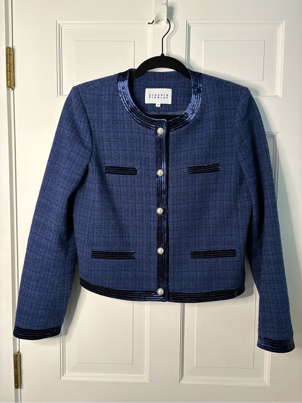 Navy Tweed Pearl-Button with Velvet trim Jacket